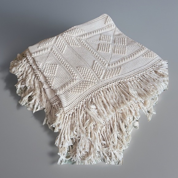 Historic Charleston Handmade Ecru Crochet Cotton QUEEN Blanket Star Popcorn Boho